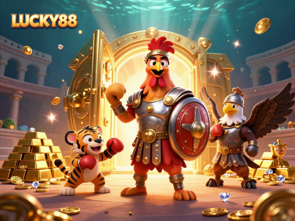 Experience LUCKY88 with a vibrant 3D illustration of a gladiator rooster and treasures, enhancing your gaming adventure.