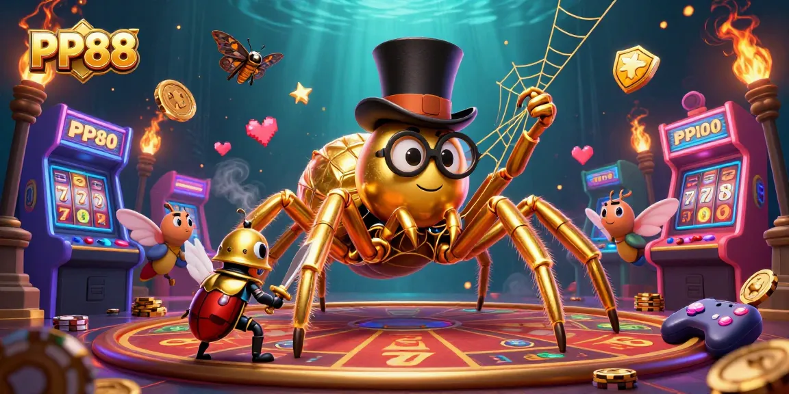 Engage with the vibrant PP88 casino world featuring a golden tarantula and beetle knight amidst dynamic gaming elements.