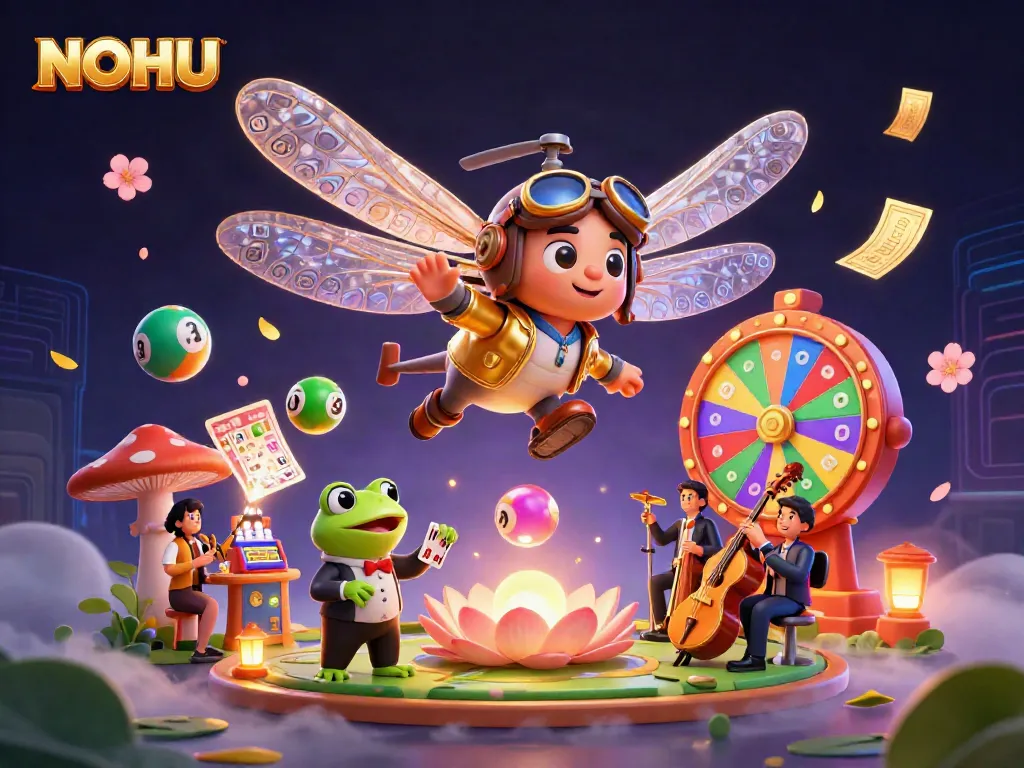 Experience NOHU casino excitement with vibrant characters in a lively gambling scene full of fun elements.