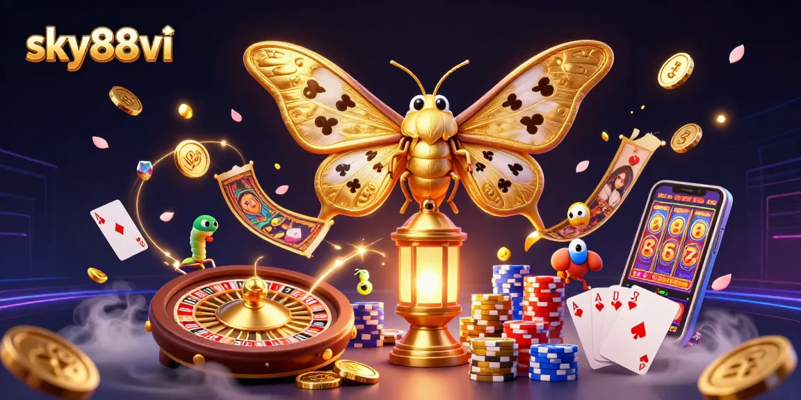 Experience the excitement of sky88vi with a vibrant 3D illustration of a moth and glowing casino elements.