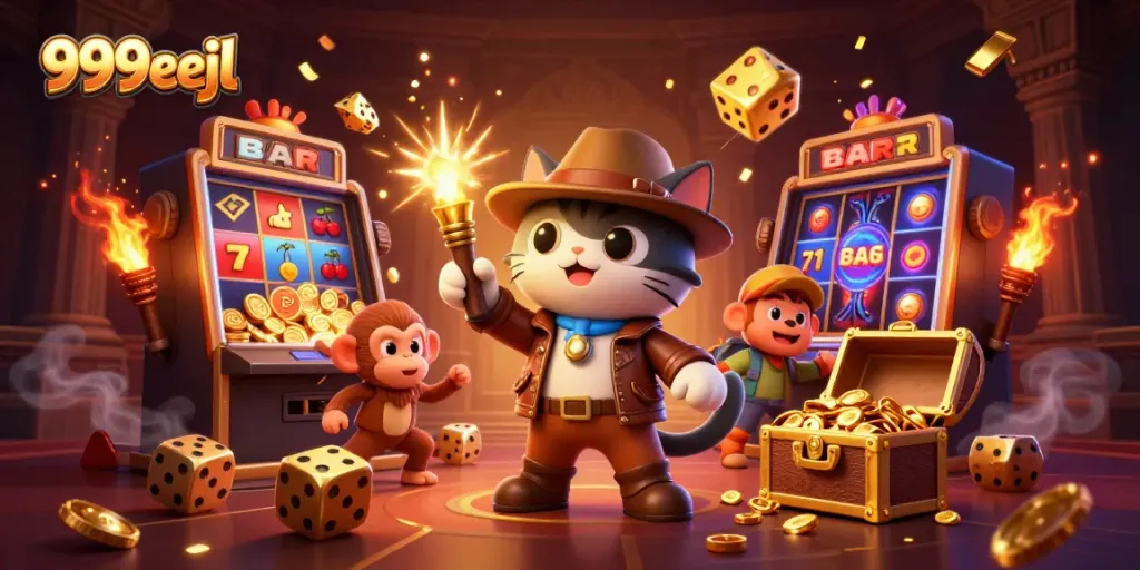 Experience the thrill of winning at 999eejl with a captivating 3D casino adventure illustration.