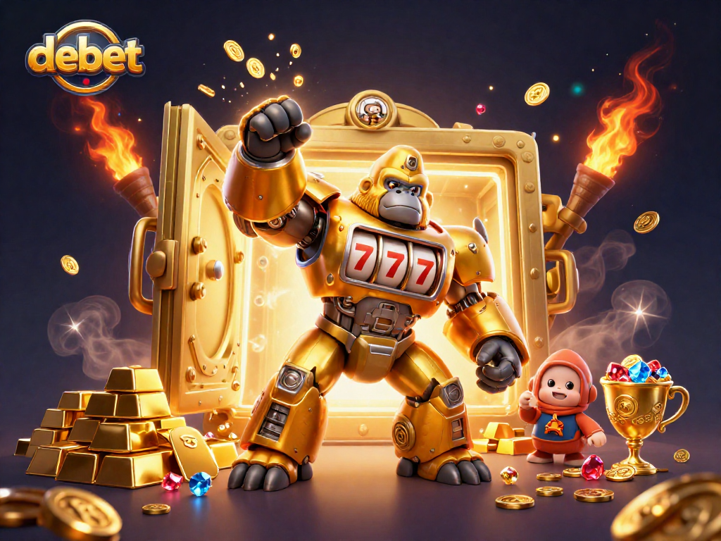 Engage with debet as a giant golden mech targets jackpots with dazzling treasures and excitement.