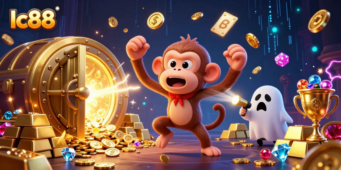 Experience the thrill of lc88 with a playful poltergeist monkey and a ghost-hunter puppy in a vibrant casino.