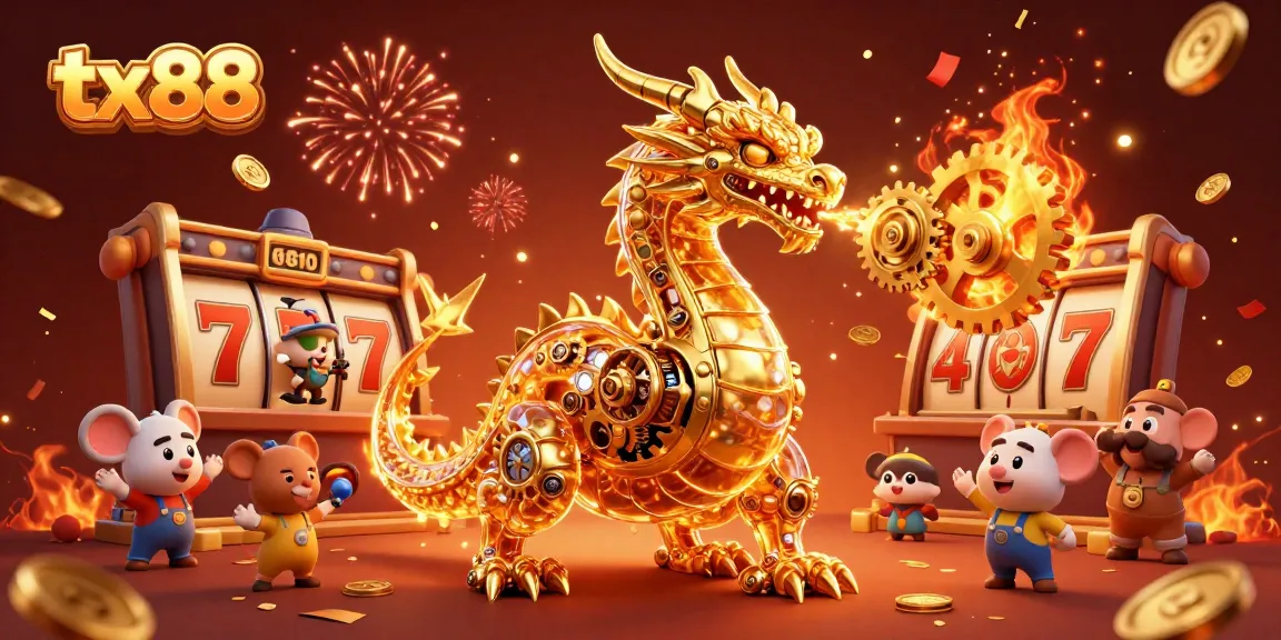 Experience thrilling gaming with tx88, showcasing a golden dragon amidst vibrant slot reels and festive confetti!