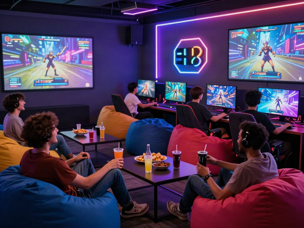 Friends enjoying an adult game in a lively gaming lounge with neon lights.