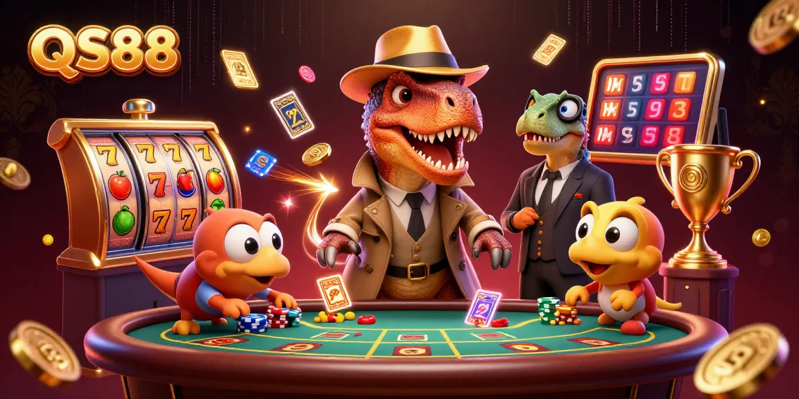 Experience the excitement of QS88 with a velociraptor card counter at a packed casino table.