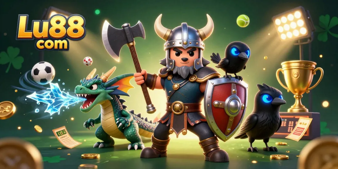 Experience gaming excitement at Lu88 com with a heroic Viking wolf warrior and dynamic sports elements.