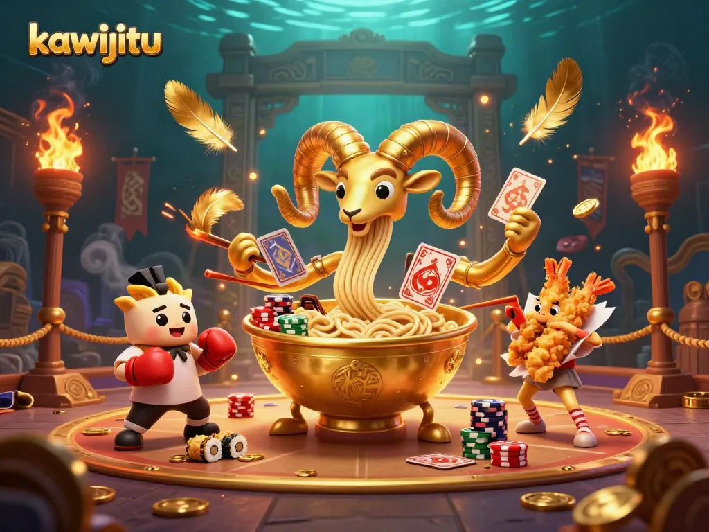 Engage with kawijitu themed casino action featuring vibrant characters in an energetic gambling arena.