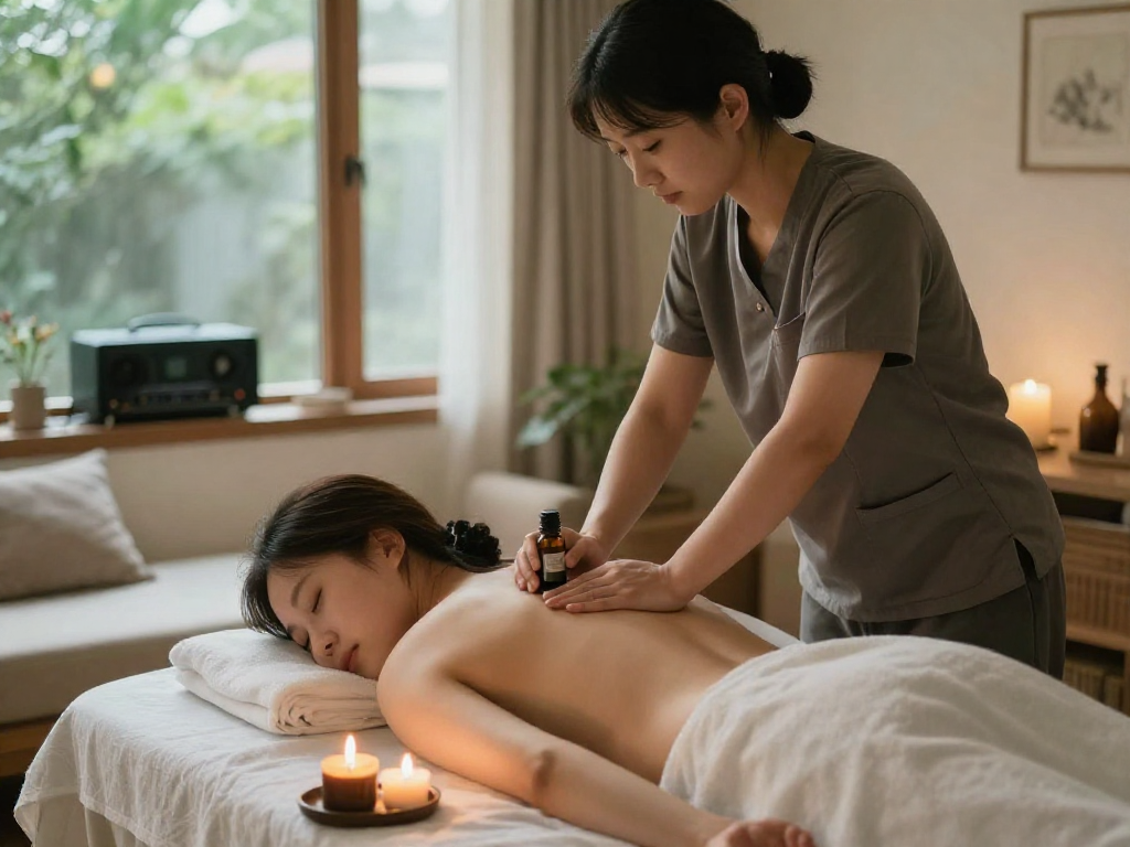 동작구출장마사지 in a cozy home setting, professional therapist providing a calming massage experience.