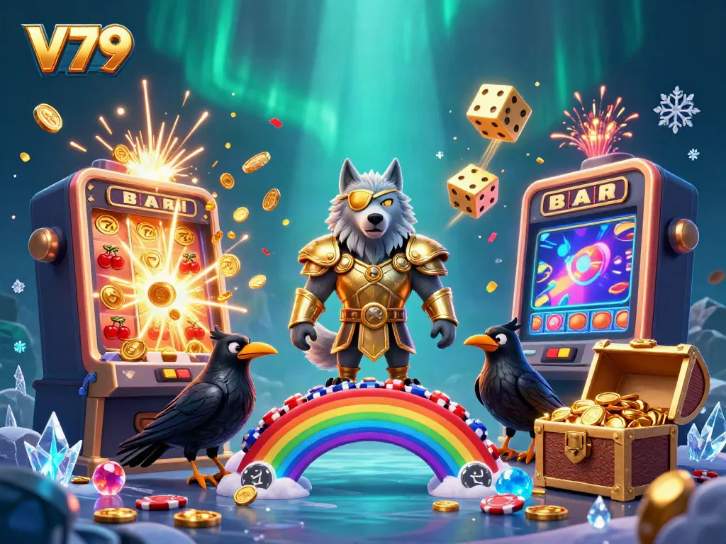 Engage in the excitement of V79's casino world with an Odin wolf, ravens, and vibrant slot machine triumphs.