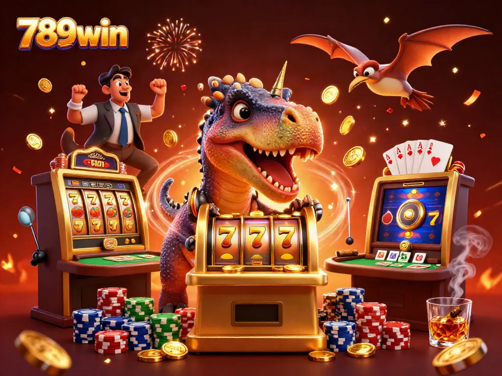 Catch the excitement at 789win as dinosaurs celebrate a jackpot win in a vibrant casino.
