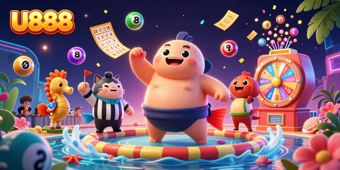 Engage with U888's exciting lottery experience as the vibrant scene showcases dynamic gaming elements.