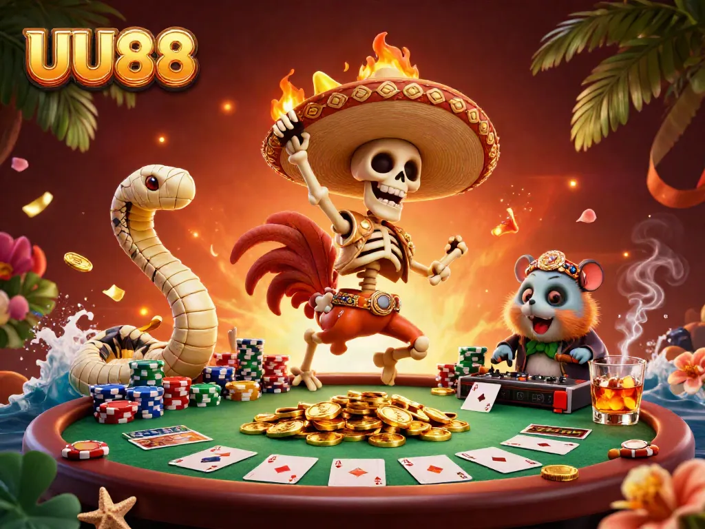 Witness UU88's vibrant casino scene with festive characters celebrating amidst poker chips and gold coins.