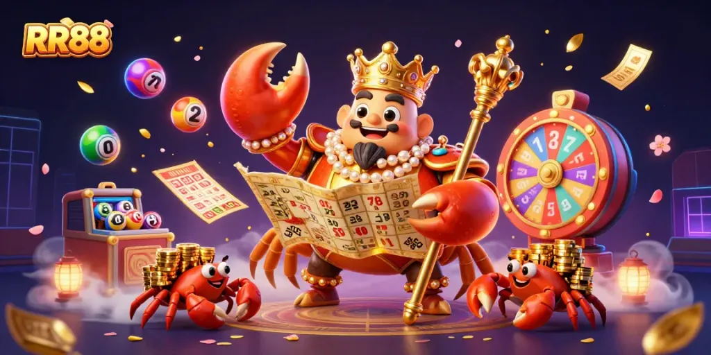 Experience excitement at RR88's online casino with colorful lottery and game elements showcasing rich prizes.