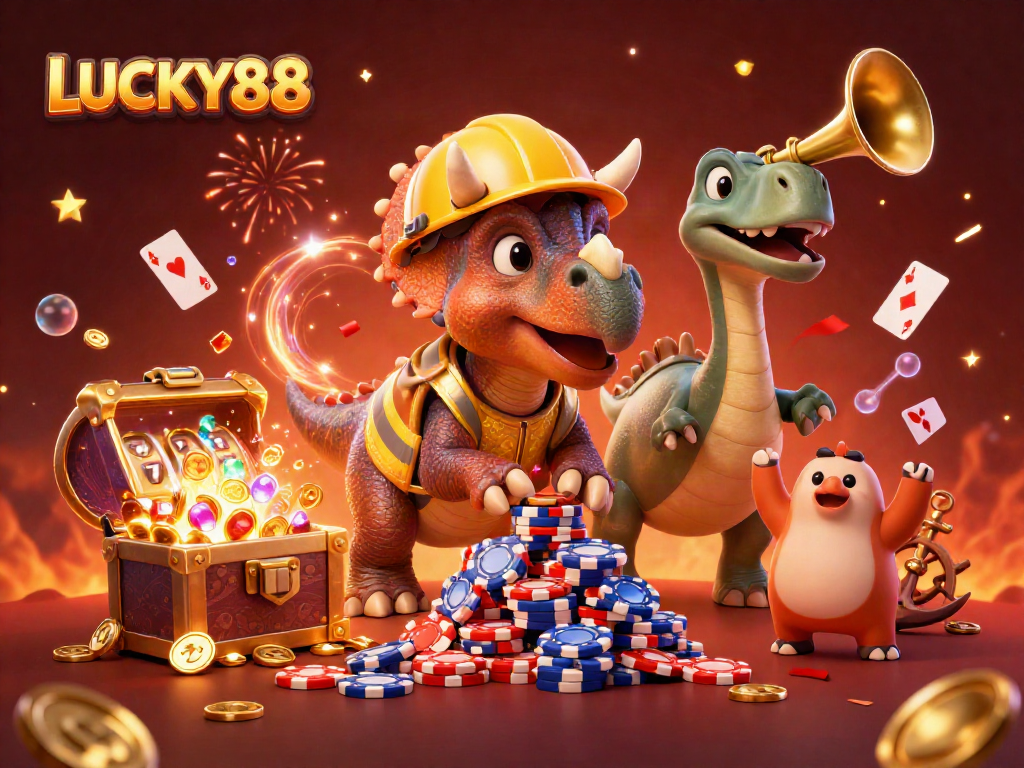 Watch LUCKY88 in action with vibrant characters and dynamic casino elements celebrating big wins.