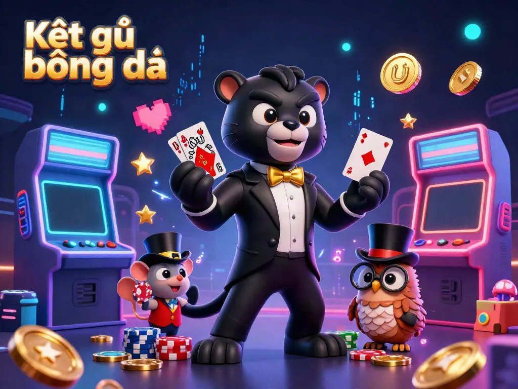 Engaging scene featuring the Kết quả bóng đá mascot characters dealing cards in a lively casino atmosphere, vibrant and colorful elements.