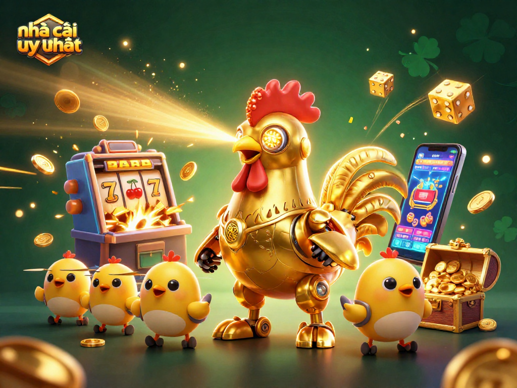 Experience thrilling moments with nhà cái uy tín as the golden rooster robot launches slot machine treasures and fun gaming elements.