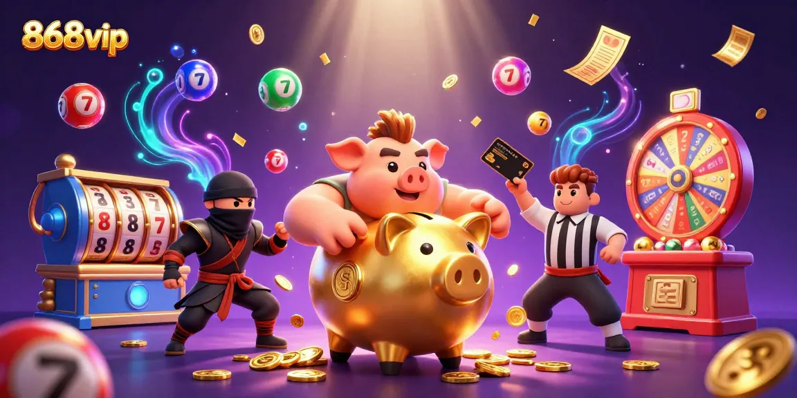 Engage with 868vip's thrilling gaming experience showcasing a golden piggy bank sumo wrestler amidst vibrant casino elements.