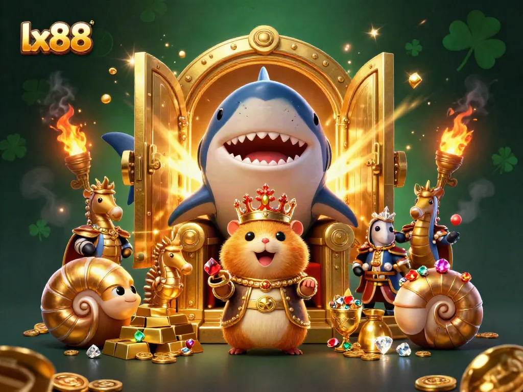 Experience the lx88 realm with the golden hamster king ruling over treasures from a megalodon throne surrounded by casino riches.