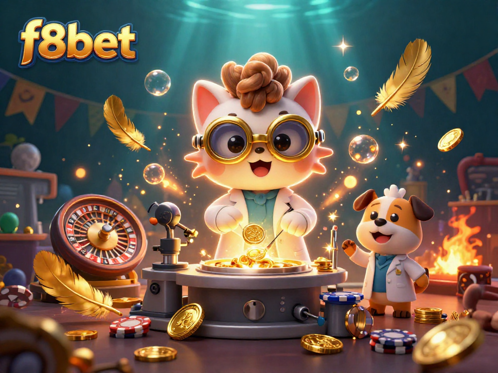 Experience exciting games at F8bet with a vibrant, dynamic casino scene filled with golden tokens and personalized characters.