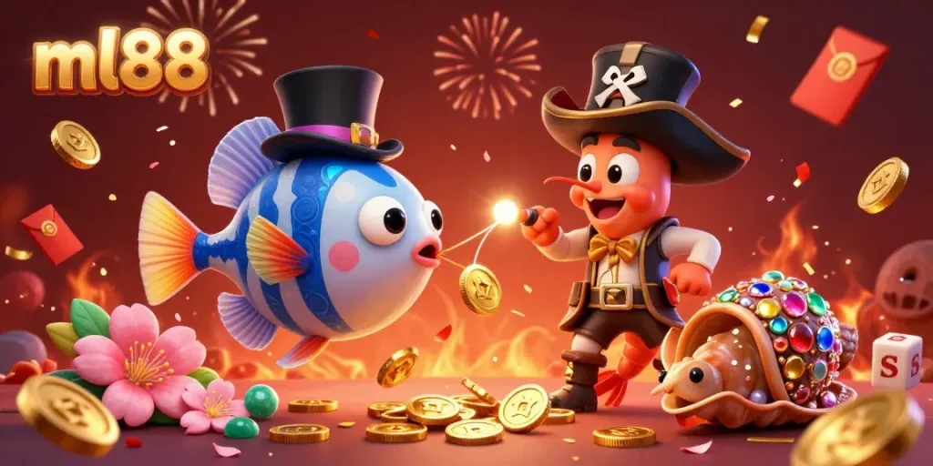 Experience exciting gameplay with ml88 featuring a 3D anglerfish, shrimp, and a treasure snail surrounded by vibrant casino elements.