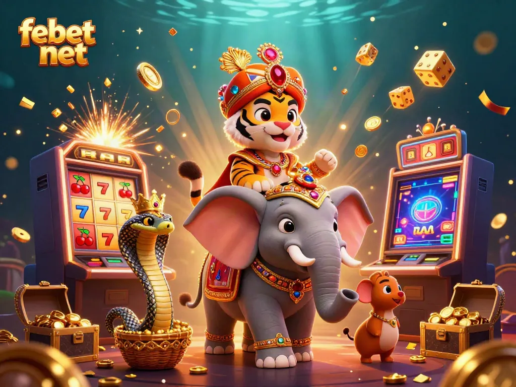 Experience the excitement of febet net with an engaging 3D illustration featuring a maharaja tiger and treasures.