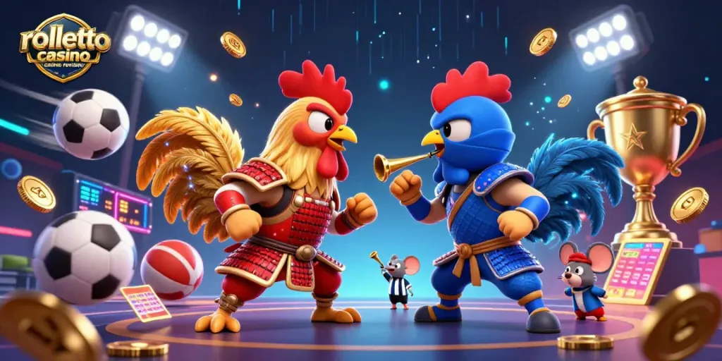 Immerse in a rolletto casino review featuring dynamic fighting roosters and vibrant sports elements.