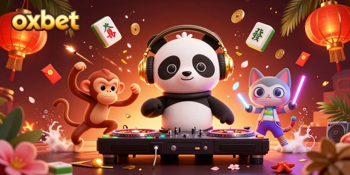 Join the vibrant oxbet party with a DJ panda, dancing monkey, and rave kitten in a lively casino scene.