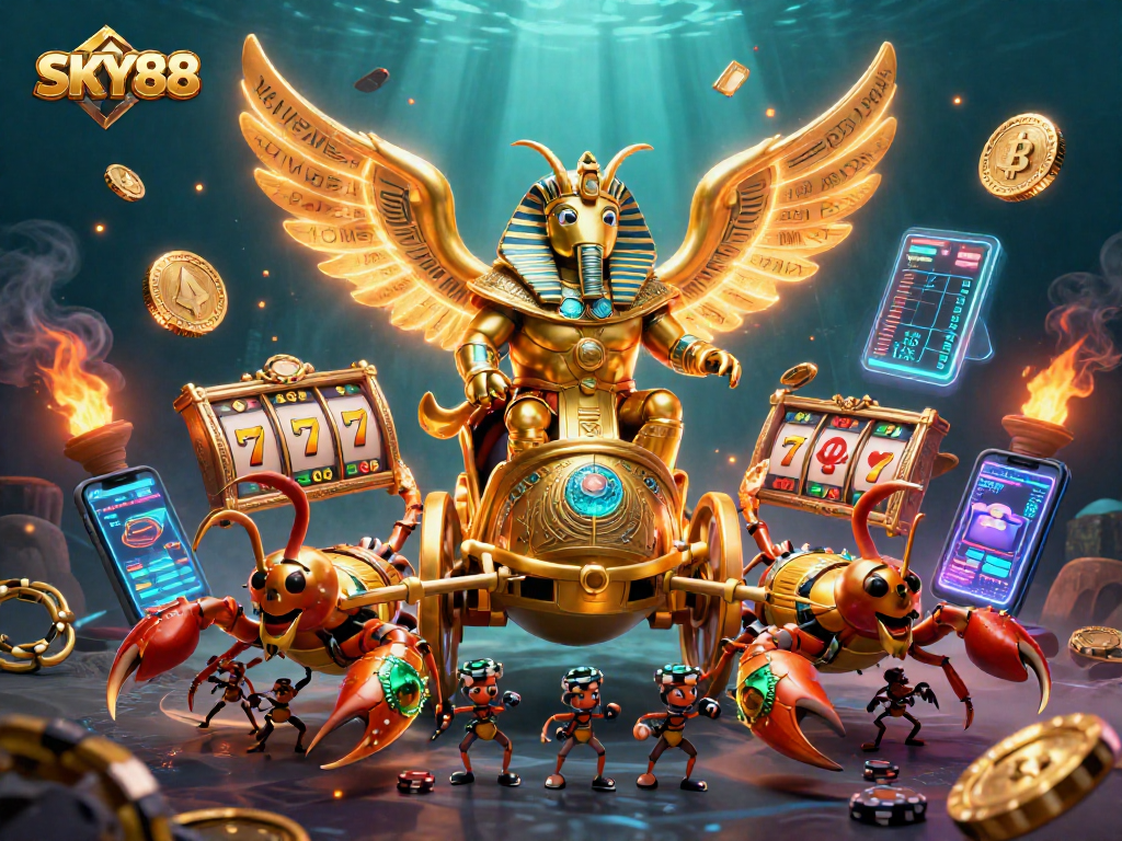 Engage in exciting gameplay at SKY88 with vibrant 3D casino elements featuring a golden beetle and poker chips.