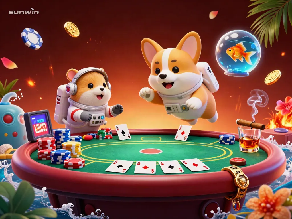 Win big with sunwin in a vibrant space casino featuring a cartoon astronaut corgi and poker game elements.