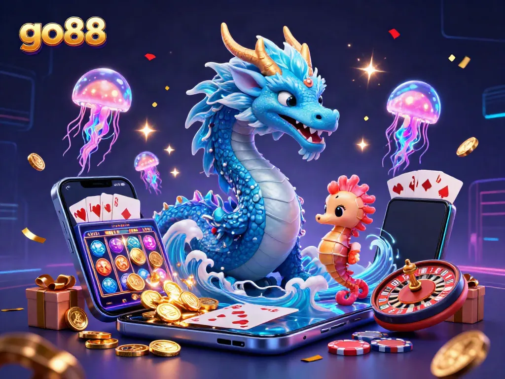 Join the exciting world of go88 as the azure dragon and seahorse knight navigate a vibrant underwater casino scene.