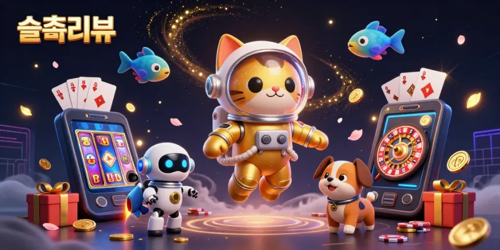 A colorful 슬롯리뷰 scene showing a cat astronaut and robot dog with slot game elements and golden coins.