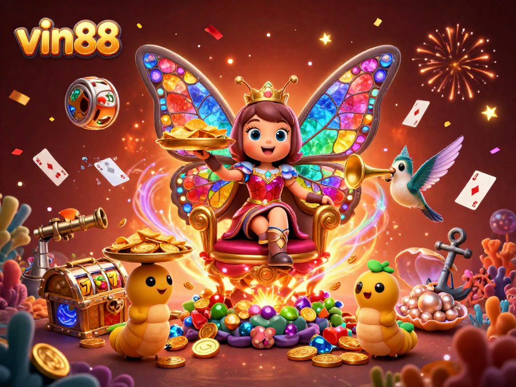 Experience the excitement at vin88 with vibrant 3D characters like a butterfly queen amidst colorful slot reels.