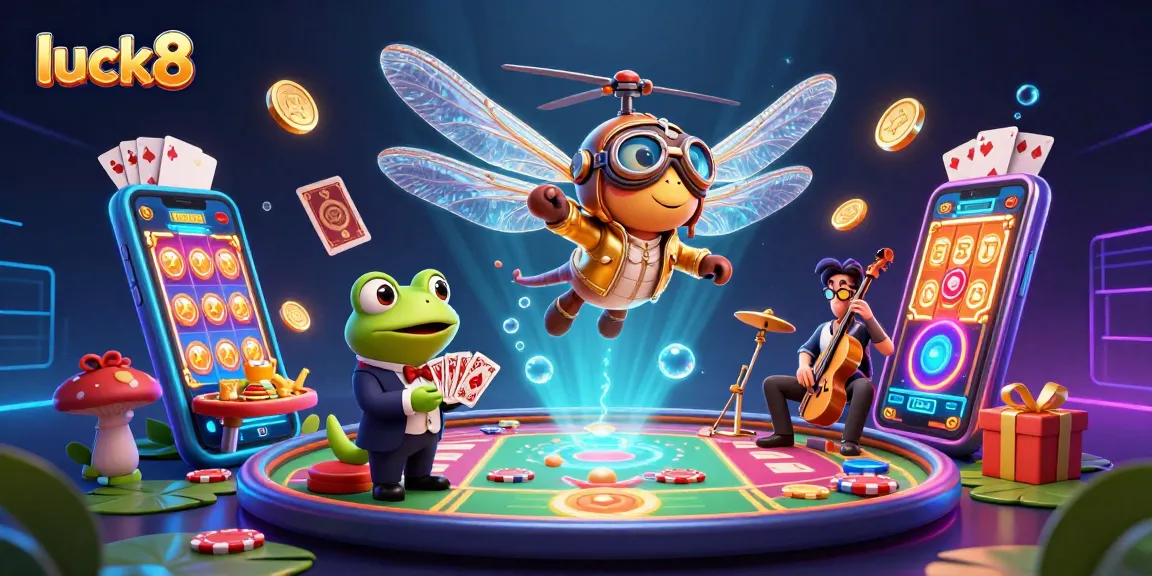 Play exciting games at luck8 while a frog croupier deals cards, enhancing the casino atmosphere.