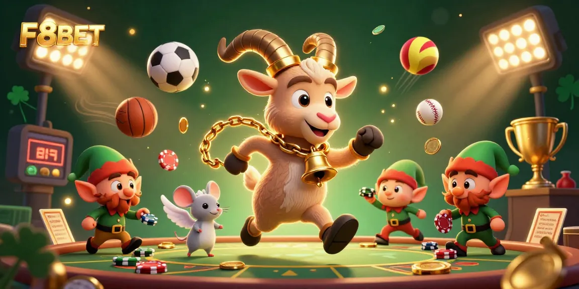 F8BET offers exciting gameplay with a festive Krampus, angel mouse, and elf gremlins in a vibrant casino scene.