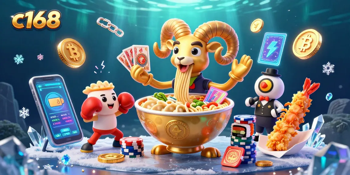 Engage with c168 in a vibrant 3D casino scene featuring cartoon characters and crypto elements.