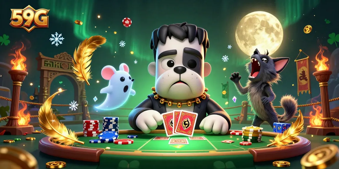 Engage in thrilling gameplay at 59G with a cartoon Frankenstein bulldog dealing cards in an exciting casino scene.