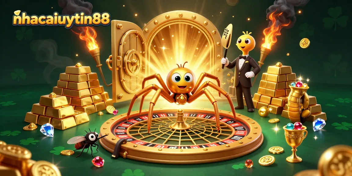 Experience the excitement of nhacaiuytin88 with a fly betting on a roulette wheel web spun by a golden spider.