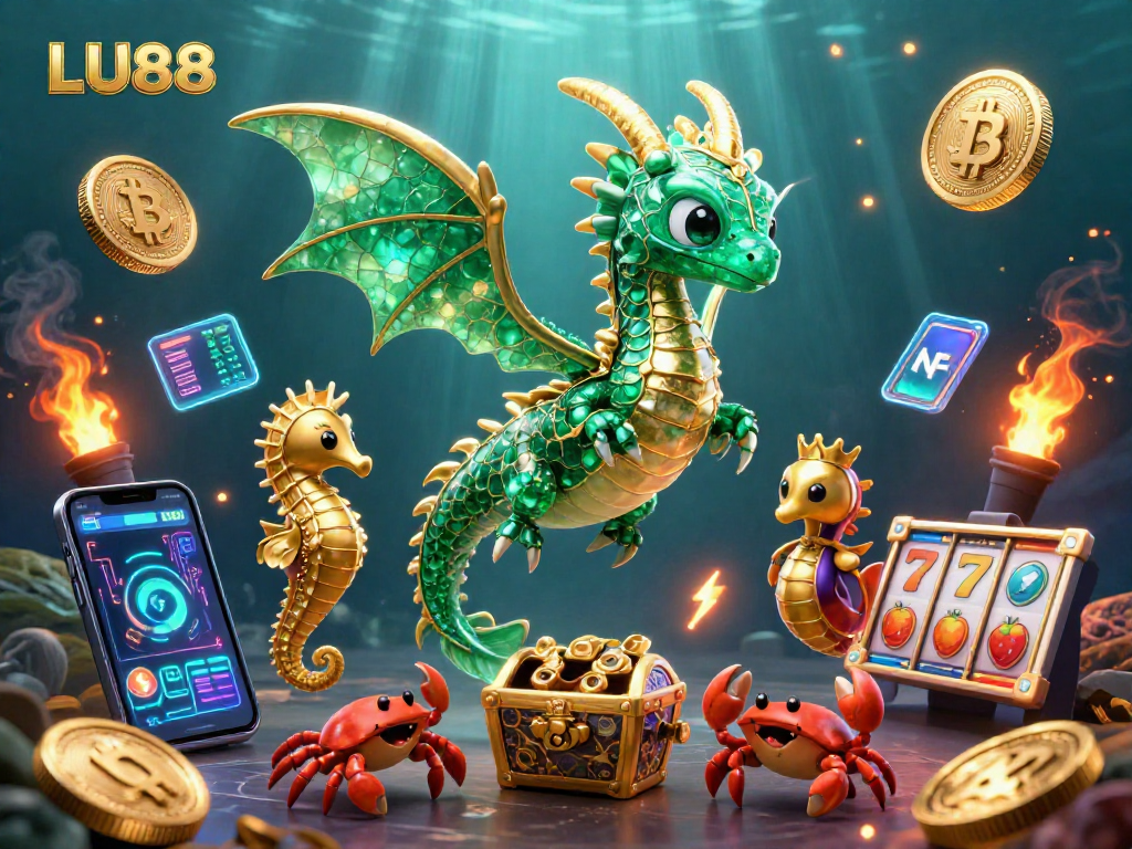 LU88 slot adventure showcased with a vibrant sea dragon and crypto elements creating an immersive gambling experience.