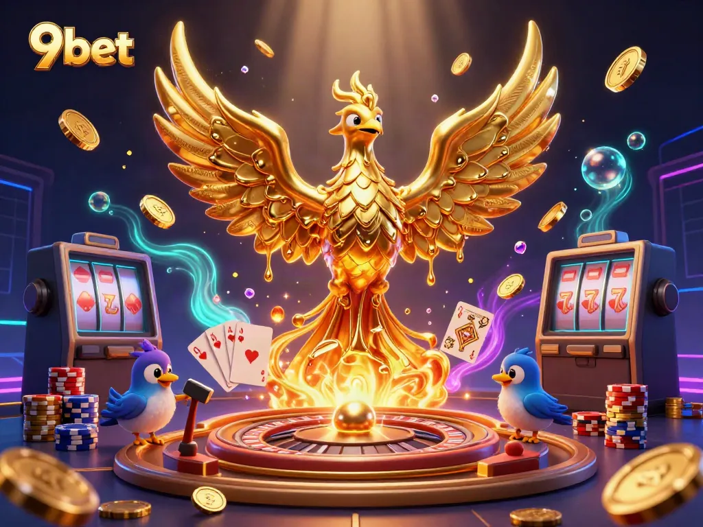 Engage with the thrilling essence of 9bet through this vivid 3D casino illustration bursting with golden treasures and game elements.