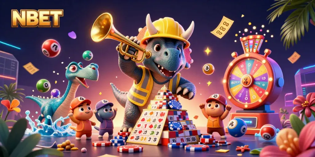 NBET showcases fun gambling moments with vibrant casino-themed 3D characters and elements.