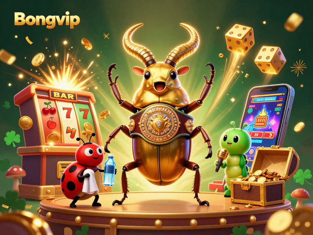 Bongvip Casino excitement with giant beetle and ladybug in an energetic gambling scene.
