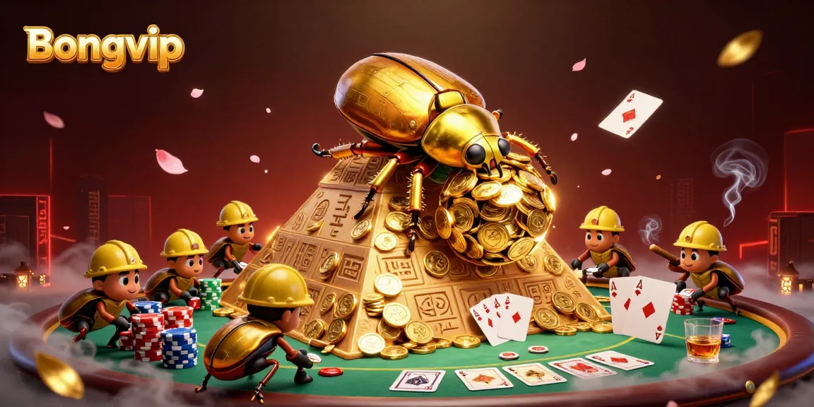Bongvip showcases a golden beetle rolling coins, surrounded by a vibrant casino scene
