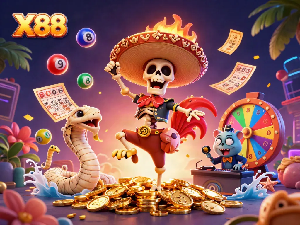 X88 casino-themed illustration with mariachi rooster dancing, colorful lottery balls, and golden prizes.