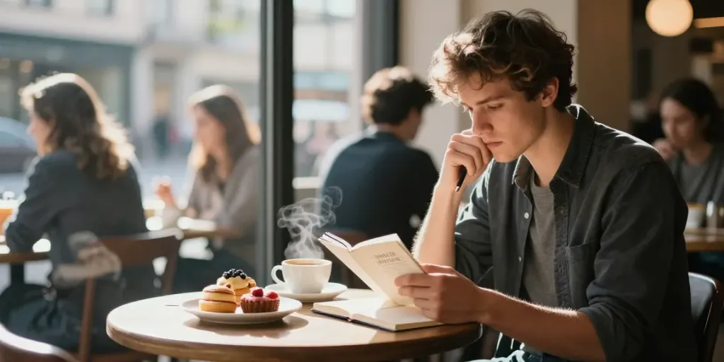 A young man studying strategies to avoid the friendzone in a cozy coffee shop.