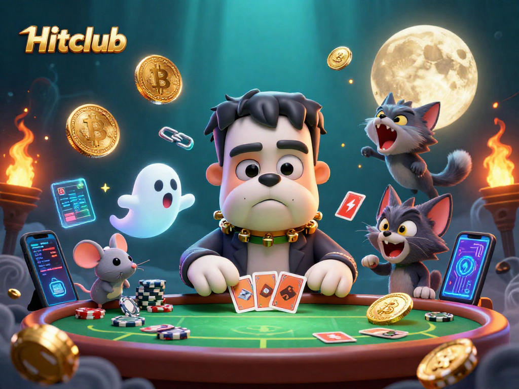 Hitclub showcases a thrilling poker scene with a 3D cartoon bulldog monster and crypto elements.