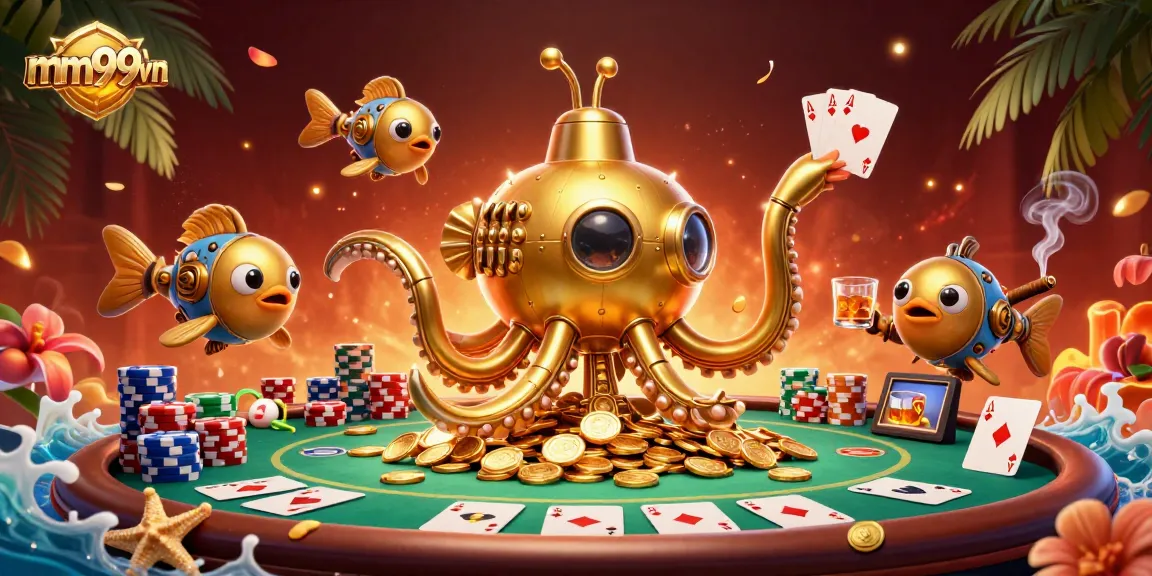 Experience the excitement of mm99vn with a golden kraken submarine amidst thrilling poker action.