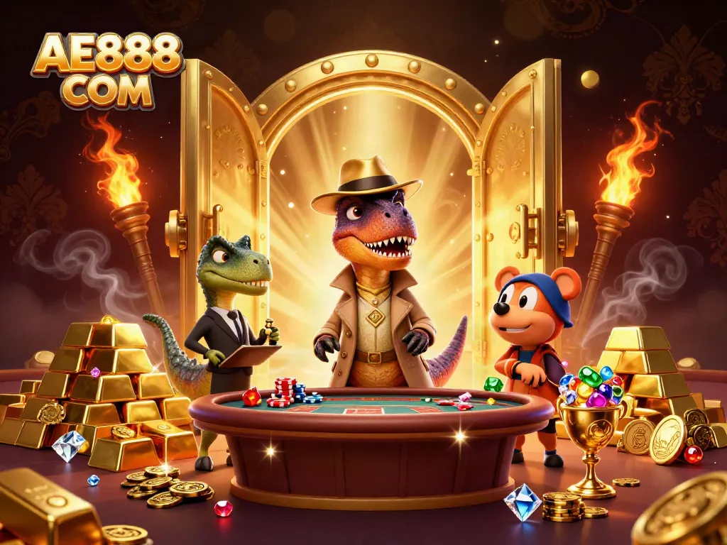 Experience thrilling action at AE888 COM with a cartoon velociraptor counter at a blackjack table.