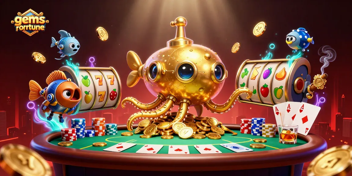 Engage in the thrilling gems-fortune experience with dazzling slot reels and golden kraken in a vibrant casino scene.