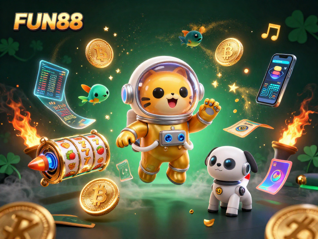 Engage in FUN88's thrilling gaming universe with a space-themed illustration featuring exciting casino elements.